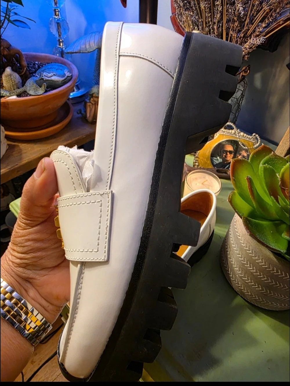 Tory Burch White Women's Leather Chunky Loafers with Gold Emblem 6